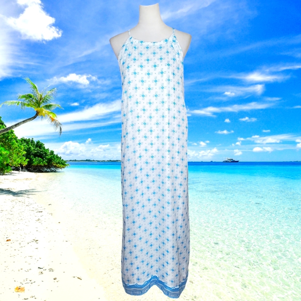 Old Navy Blue & White Patterned Design Chiffon Overlay Halter Style Maxi Dress